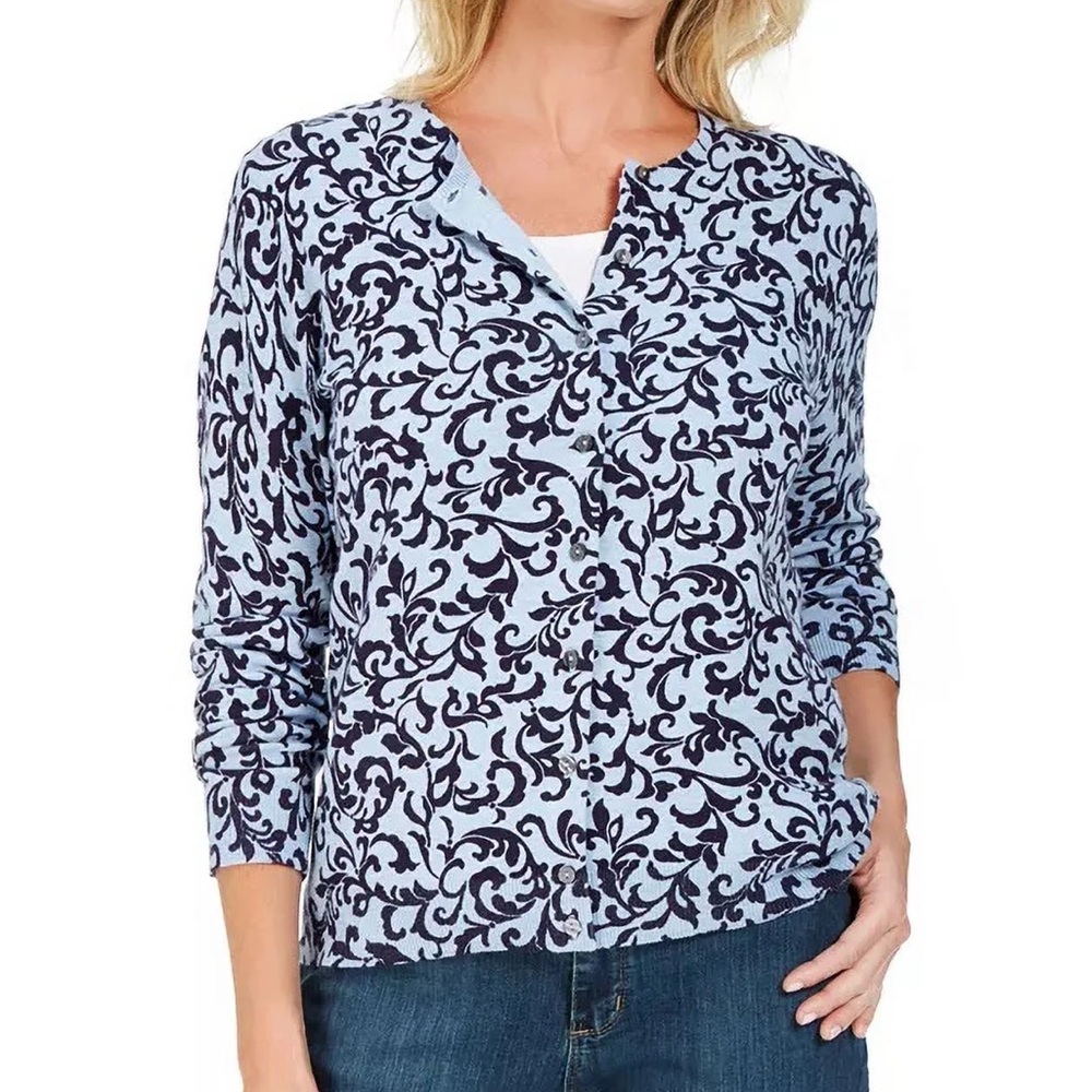 Karen Scott Light and Navy Blue Patterned Women's Jersey Cardigan